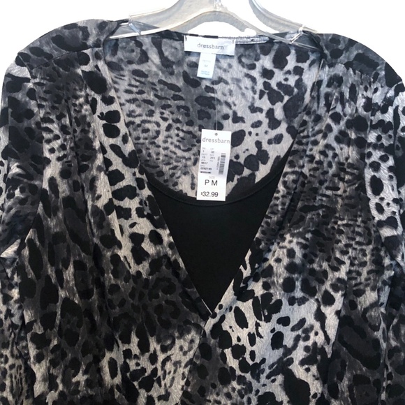 (NWT) Dress Barn Women's Black/Gray Leopard Long Sleeve Faux Wrap Top Size PM - Picture 2 of 9